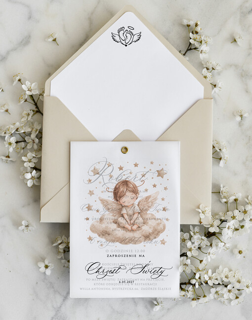 ZAPROSZENIA NA CHRZCINY dla chłopca klasyczne Zaproszenie na Chrzest z kalką, Eleganckie Zaproszenia na Chrzciny  presonalizowane