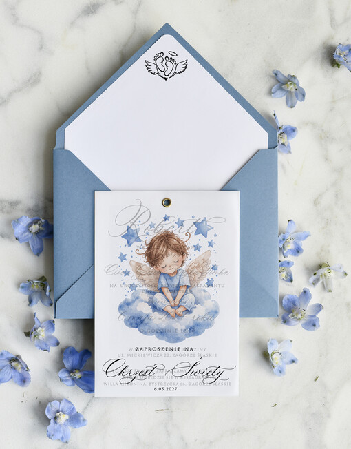ZAPROSZENIA NA CHRZCINY dla chłopca klasyczne Zaproszenie na Chrzest z kalką, Eleganckie Zaproszenia na Chrzciny  presonalizowane