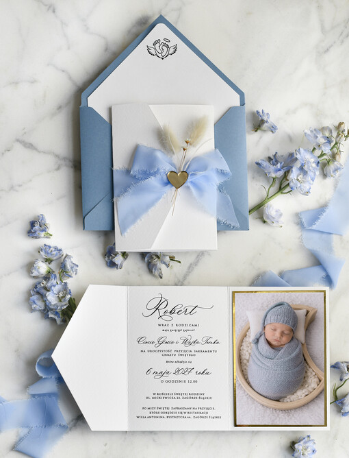  dla chłopca zaproszenie na Chrzest Niebieskie Klasyczne zaproszenie na chrzciny ze zdjęciem dziecka 