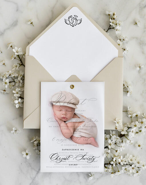  dla chłopca klasyczne Zaproszenie na Chrzest z kalką, Eleganckie Zaproszenia na Chrzciny  presonalizowane