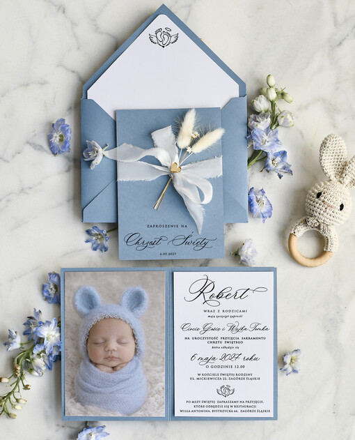  dla chłopca zaproszenie na Chrzest Niebieskie Klasyczne zaproszenie na chrzciny ze zdjęciem dziecka 