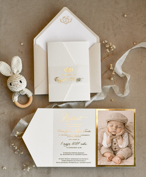  dla chłopca Boho Złocone Zaproszenie na Chrzest w folderze, Eleganckie Zaproszenia na Chrzciny ze Zdjęciem 