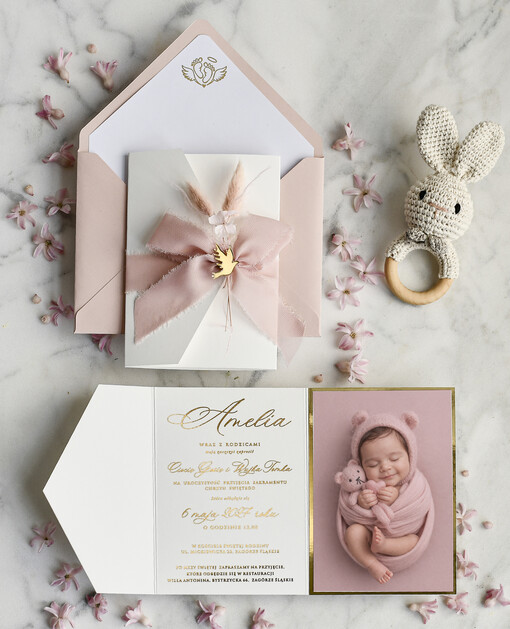 ZAPROSZENIA NA CHRZCINY dla dziewczynki  Boho Złocone Zaproszenie na Chrzest w folderze, Eleganckie Zaproszenia na Chrzciny ze Zdjęciem 