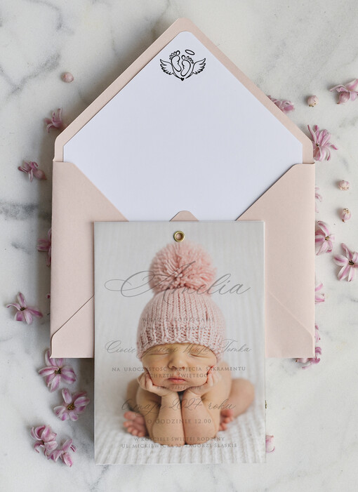  dla dziewczynki  klasyczne Zaproszenie na Chrzest z kalką, Eleganckie Zaproszenia na Chrzciny ze Zdjęciem 