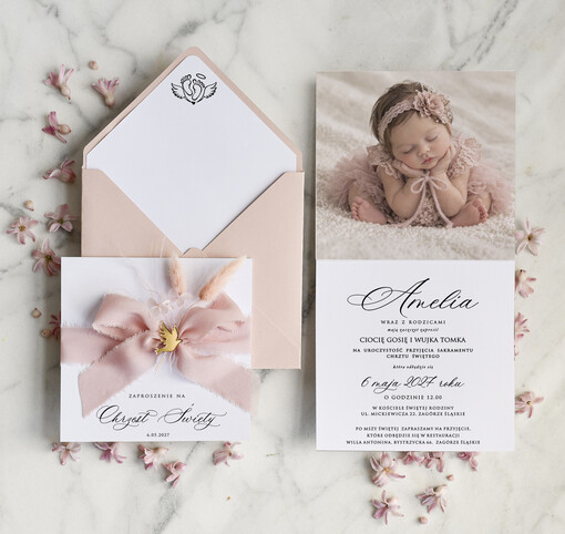 ZAPROSZENIA NA CHRZCINY dla dziewczynki  Boho Kwadratowe Zaproszenie na Chrzest w folderze, Eleganckie Zaproszenia na Chrzciny ze Zdjęciem 