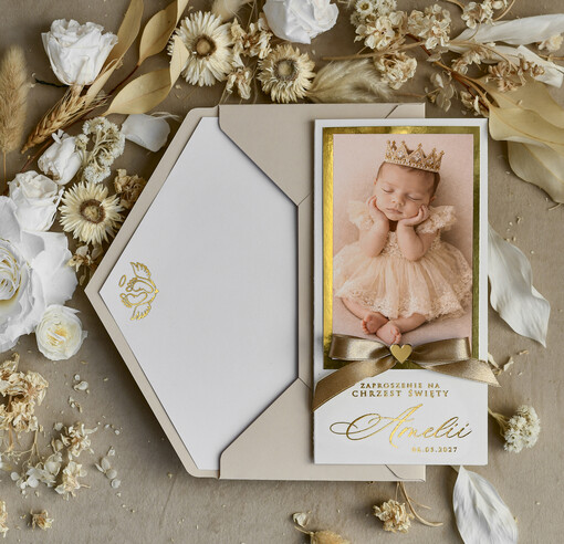  dla dziewczynki  Złocone Zaproszenie na Chrzest, Eleganckie Zaproszenia na Chrzciny ze Zdjęciem 