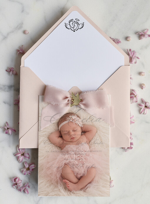 ZAPROSZENIA NA CHRZCINY dla dziewczynki  klasyczne Zaproszenie na Chrzest z kalką, Eleganckie Zaproszenia na Chrzciny ze Zdjęciem 