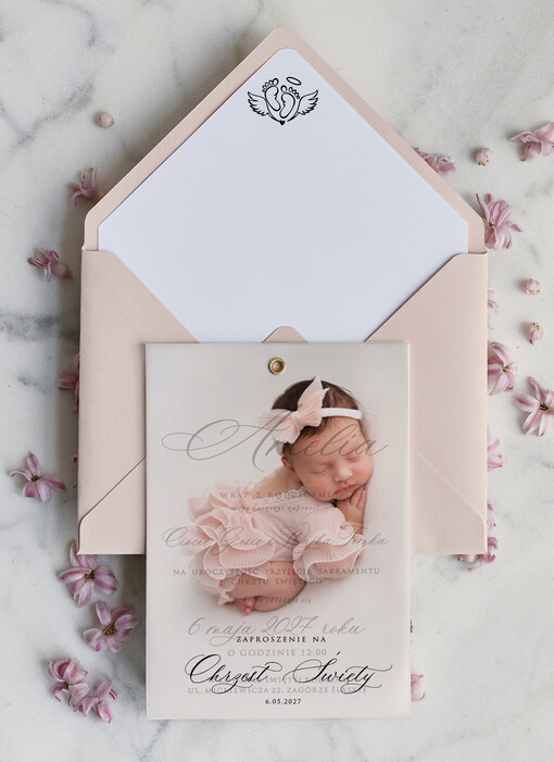 ZAPROSZENIA NA CHRZCINY dla dziewczynki  klasyczne Zaproszenie na Chrzest z kalką, Eleganckie Zaproszenia na Chrzciny ze Zdjęciem 