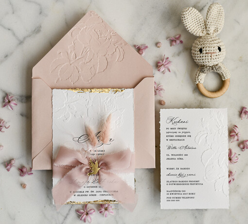 ZAPROSZENIA NA CHRZCINY dla dziewczynki  Boho Złocone Zaproszenie na Chrzest tłoczone, Eleganckie Tłoczone Zaproszenia na Chrzciny 