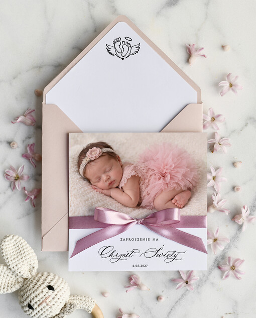 ZAPROSZENIA NA CHRZCINY dla dziewczynki  Boho Złocone Zaproszenie na Chrzest w folderze, Eleganckie Zaproszenia na Chrzciny ze Zdjęciem 