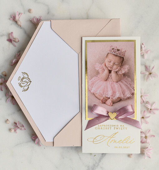 ZAPROSZENIA NA CHRZCINY dla dziewczynki  Złocone Zaproszenie na Chrzest, Eleganckie Zaproszenia na Chrzciny ze Zdjęciem 