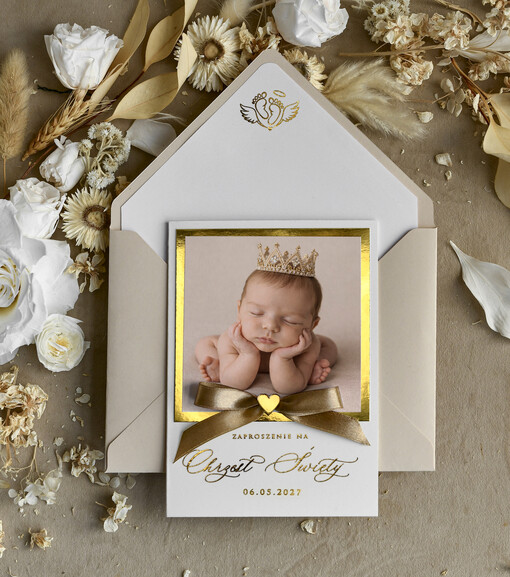 ZAPROSZENIA NA CHRZCINY dla dziewczynki  Złocone Zaproszenie na Chrzest, Eleganckie Zaproszenia na Chrzciny ze Zdjęciem 