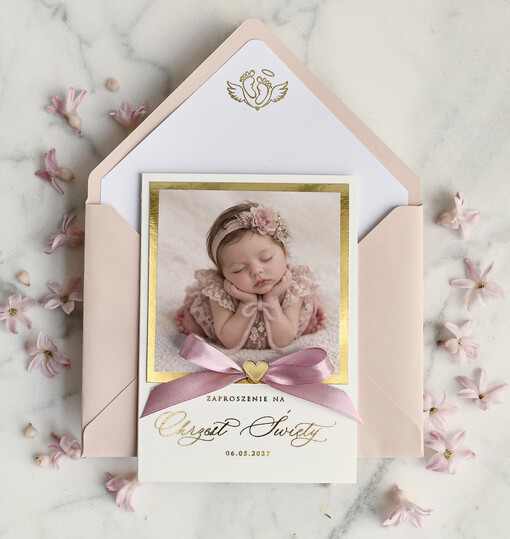 ZAPROSZENIA NA CHRZCINY dla dziewczynki  Złocone Zaproszenie na Chrzest, Eleganckie Zaproszenia na Chrzciny ze Zdjęciem 