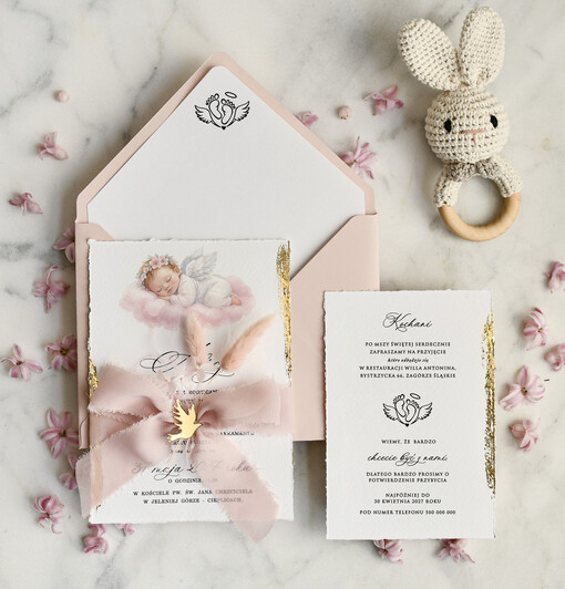ZAPROSZENIA NA CHRZCINY dla dziewczynki  Boho Złocone Zaproszenie na Chrzest z aniołkiem, Eleganckie Tłoczone Zaproszenia na Chrzciny 