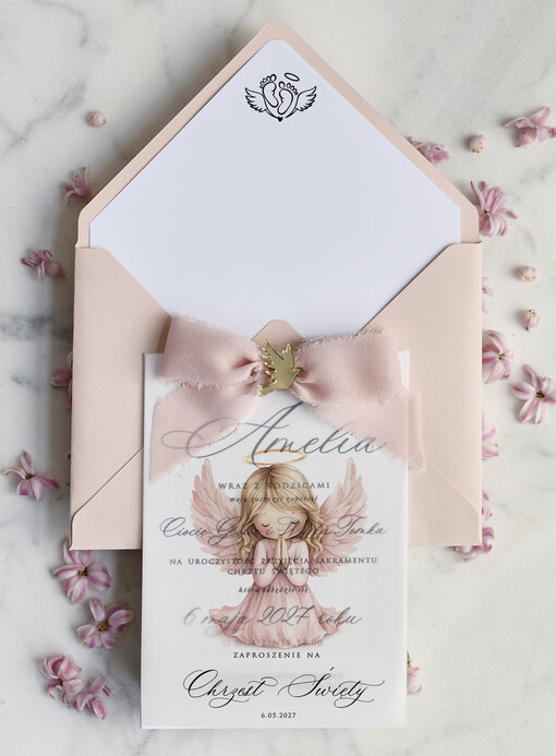 ZAPROSZENIA NA CHRZCINY dla dziewczynki  klasyczne Zaproszenie na Chrzest z kalką, Eleganckie Zaproszenia na Chrzciny ze Zdjęciem 