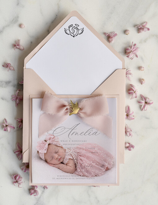 ZAPROSZENIA NA CHRZCINY dla dziewczynki  boho deilkatne Zaproszenie na Chrzest z kalką, Eleganckie Zaproszenia na Chrzciny ze Zdjęciem 