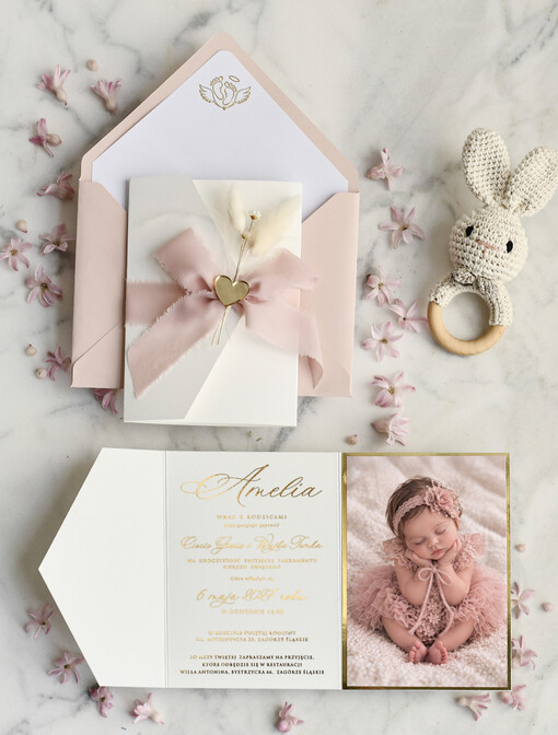 ZAPROSZENIA NA CHRZCINY dla dziewczynki  Boho Złocone Zaproszenie na Chrzest w folderze, Eleganckie Zaproszenia na Chrzciny ze Zdjęciem 