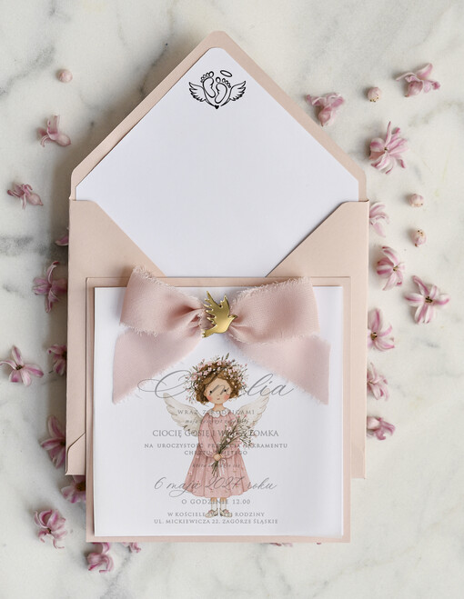 ZAPROSZENIA NA CHRZCINY dla dziewczynki  boho deilkatne Zaproszenie na Chrzest z kalką, Eleganckie Zaproszenia na Chrzciny ze Zdjęciem 