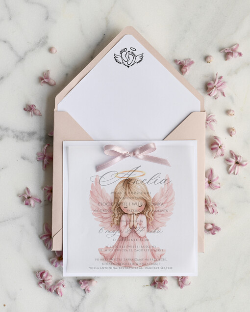 ZAPROSZENIA NA CHRZCINY dla dziewczynki   Różowe Zaproszenie na Chrzest z Aniołkiem, Eleganckie Zaproszenia na Chrzciny ze Zdjęciem 