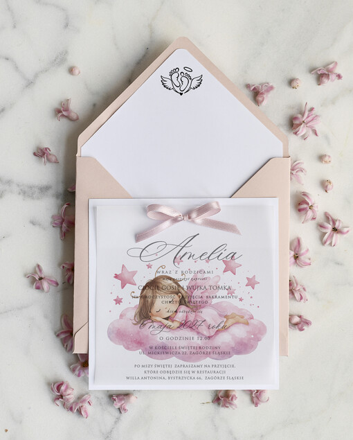 ZAPROSZENIA NA CHRZCINY dla dziewczynki   Różowe Zaproszenie na Chrzest z Aniołkiem, Eleganckie Zaproszenia na Chrzciny ze Zdjęciem 