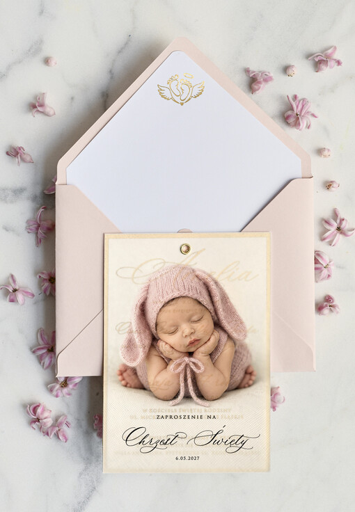 ZAPROSZENIA NA CHRZCINY dla dziewczynki  klasyczne Zaproszenie na Chrzest z kalką, Eleganckie Zaproszenia na Chrzciny ze Zdjęciem 