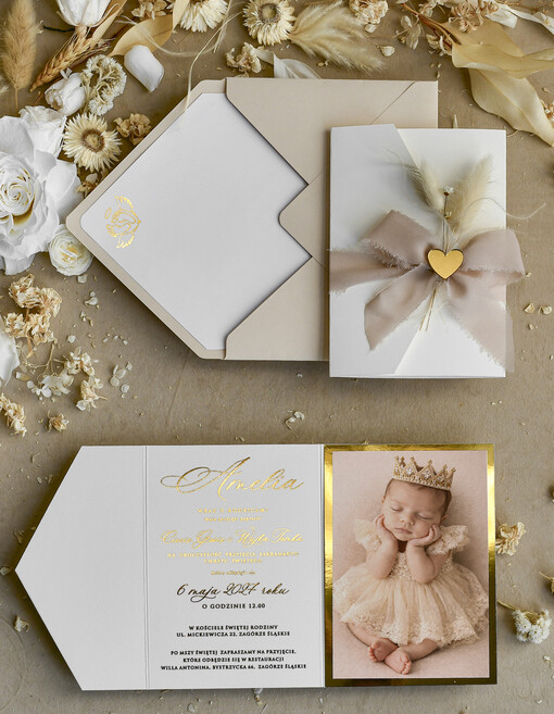 ZAPROSZENIA NA CHRZCINY dla dziewczynki  Boho Złocone Zaproszenie na Chrzest w folderze, Eleganckie Zaproszenia na Chrzciny ze Zdjęciem 