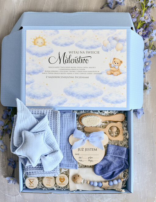 prezent dla Noworodka - Wyprawka duze boxy preznetowe dla noworodka  Zestaw prezentowy dla Noworodka - Wyprawka Niemowlę Baby Shower boho gryzak pieluszka Kroki Milowe