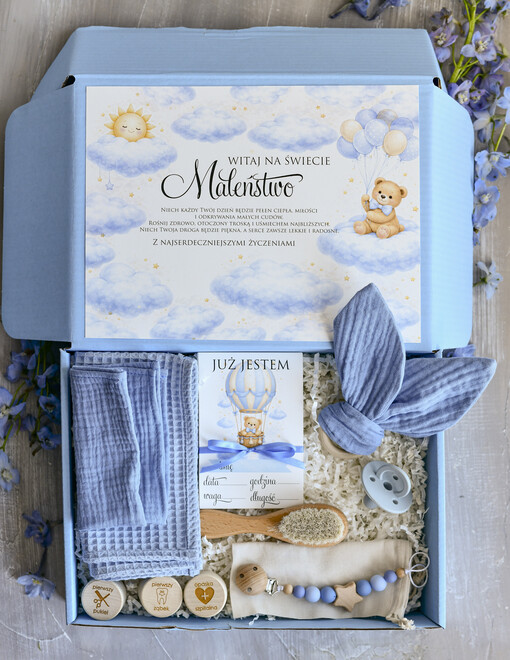 prezent dla Noworodka - Wyprawka duze boxy preznetowe dla noworodka  Wyprawka dla Noworodka - Box dla Niemowlaka boho gryzak pieluszka Kroki Milowe