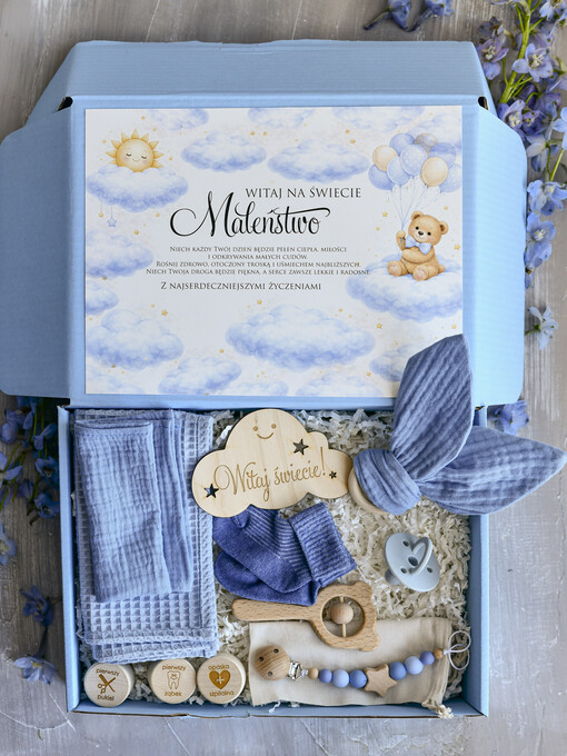 prezent dla Noworodka - Wyprawka duze boxy preznetowe dla noworodka  Wyprawka dla Noworodka - Zestaw prezentowy dla Niemowlaka boho gryzak pieluszka Witaj Świecie 