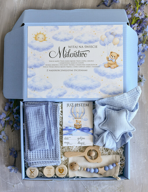 prezent dla Noworodka - Wyprawka duze boxy preznetowe dla noworodka  Wyprawka dla Noworodka - Zestaw prezentowy dla Niemowlaka boho gryzak pieluszka Witaj Świecie 
