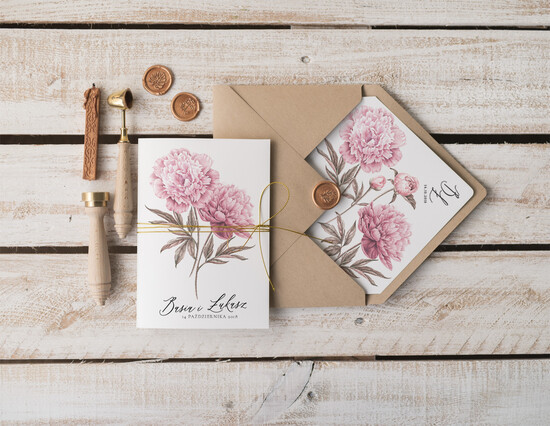Zaproszenia ślubne Natura Rustykalne zaproszenia ślubne ręcznie robione peonie ekologiczna koperta oraz zloty sznureczek 04/VbotF/z