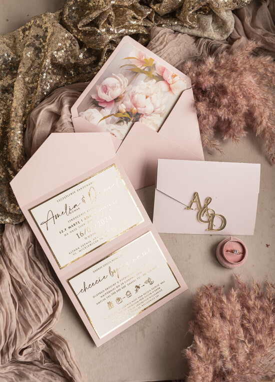 Zaproszenia ślubne Złote Glamour Poziome srebrne zaproszenia ślubne z lustrzanym monogramem, Kopertowe rozowe zaproszenie na ślub zło 02/kopCz/z24