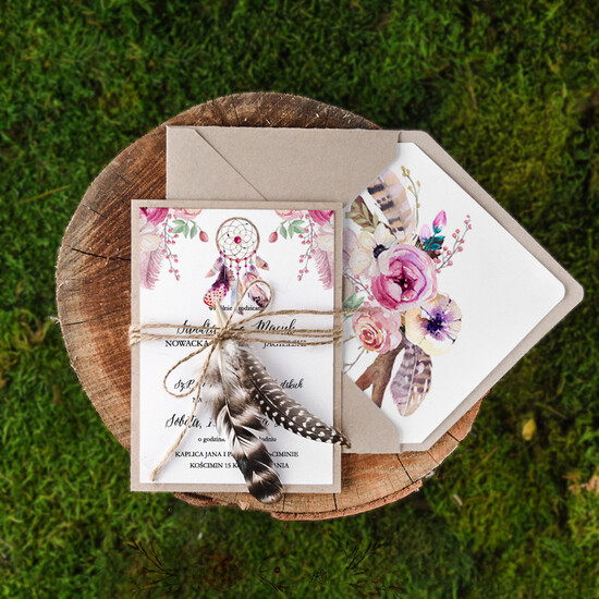 Zaproszenia ślubne Boho  zaproszenia na ślub w plenerze, boho styl kwiatowy elegancki 14/BHszK1/z