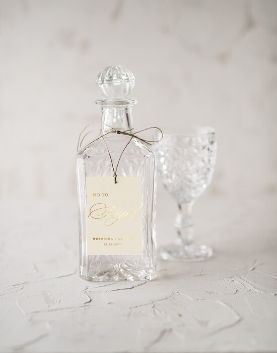 Zawieszki na butelki glamour etykieta na alkohol weselny, złote ze śmieszną treścią 4/gold/zw