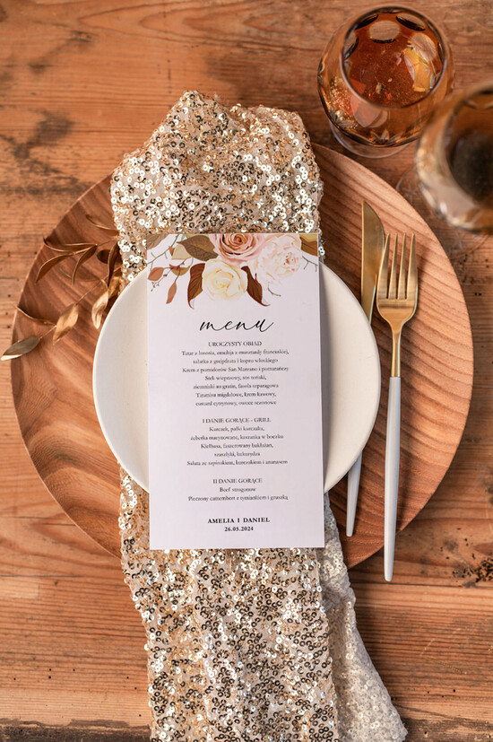 Menu glamour ślubne menu z planem podawania dań wesenych, zlocone napisy dowolna treść 6/GEOKAP/m