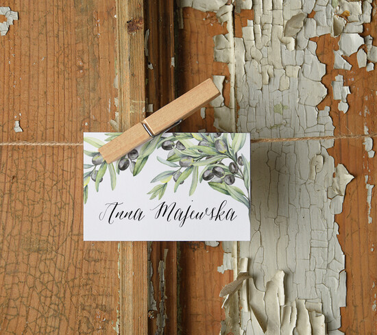 Winietki Boho/etno/pióra ślubne winietki z oliwkami rustykalne wizytówki dla gości weselnych    10/ccs/wKL