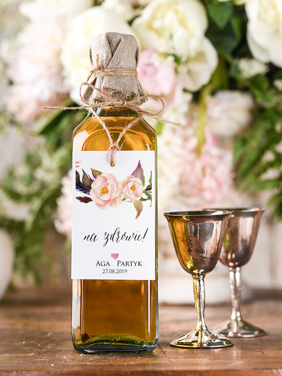 Zawieszki na butelki boho/etno/pióra etykieta na alkohol weselny, boho dowolne tresci 01/bhSz/zw