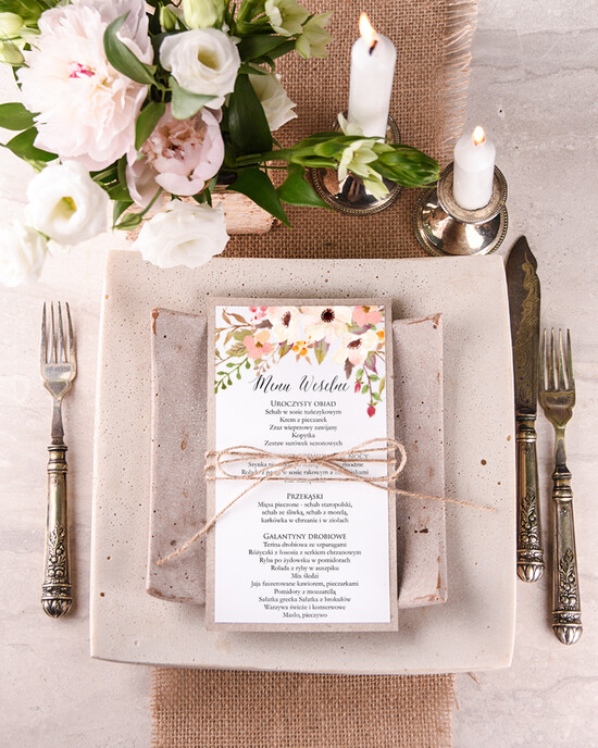 Menu boho menu weselne na stół karta dań weselnych, boho na romantyczne wesele 006/BHszK/m