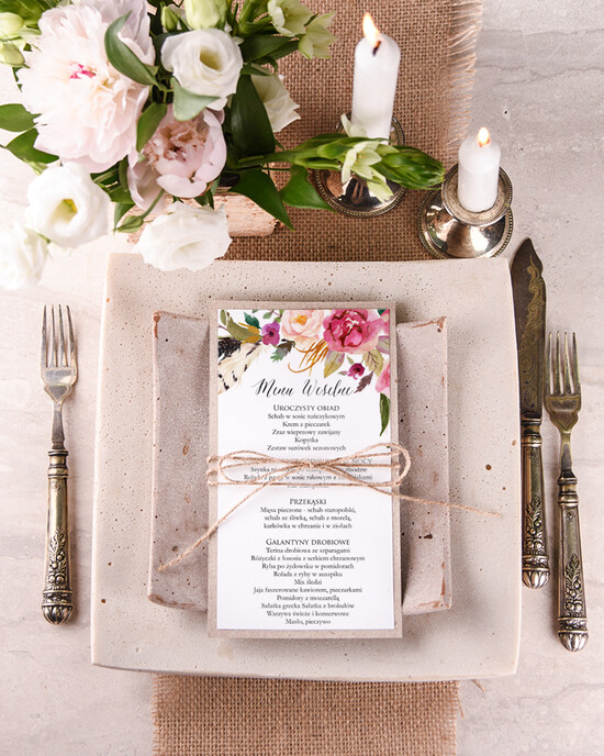 Menu boho ślubne menu z planem podawania dań wesenych, w stylu boho wasza treść 001/BHszK/m