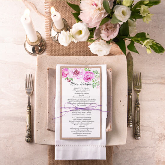 Menu boho weselne menu karta potraw weselnych, boho z dowoną treścią 03/BHszF/m