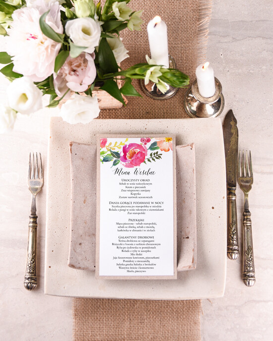 Menu boho weselne menu karta potraw weselnych, boho kwiaty wasze imiona 05/bhSZ/m