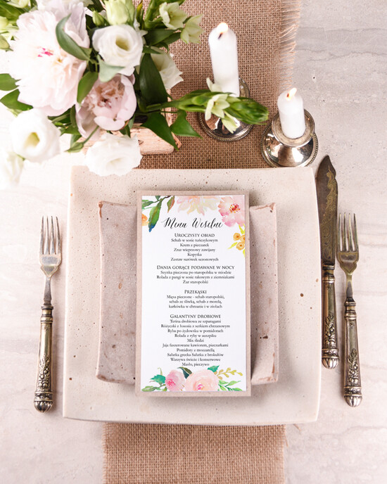 Menu boho ślubne menu karta potraw weselnych, boho wasze imiona i treść 06/BHsz1/m
