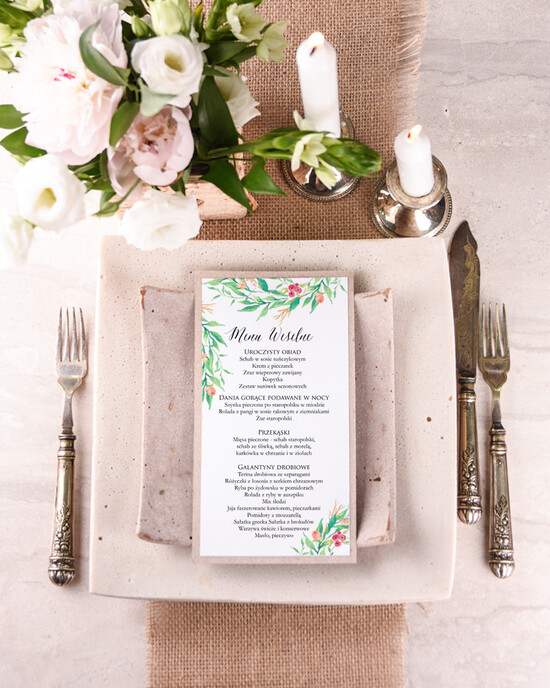 Menu boho menu ślubne z planem posiłków, w stylu boho wasza treść 16/bhSZ/m