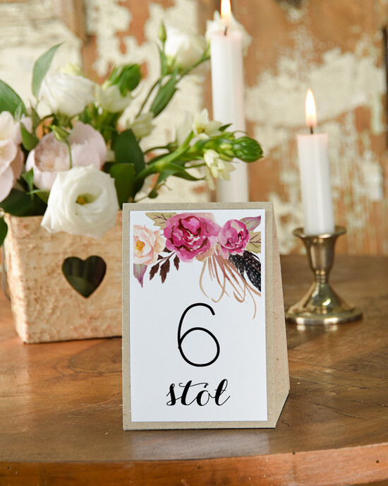 Numery na stół Boho/Etno/Pióra numerek na stół weselny, usadzenie gości grafika boho 03/bhSZ/nrS