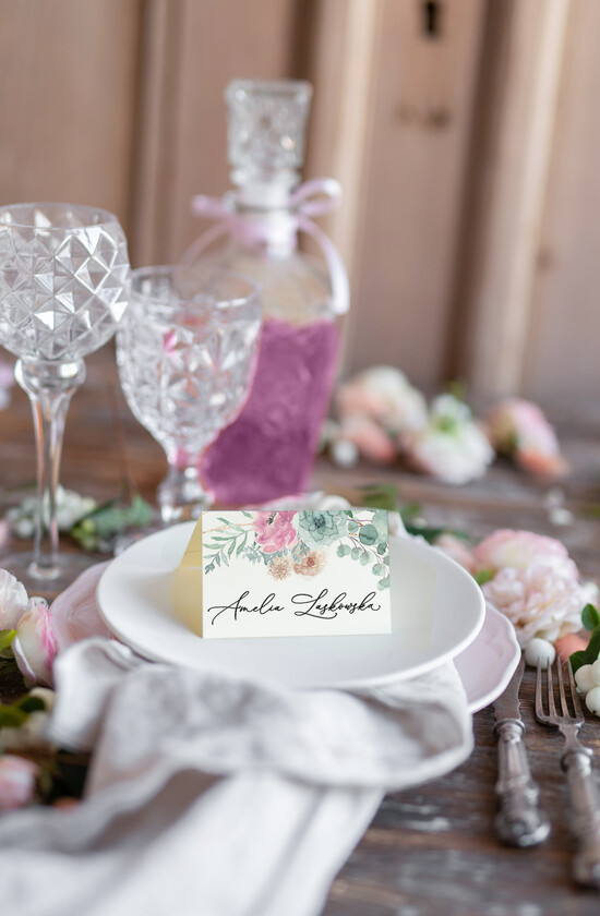 Winietki botaniczne podróżnicze  ślubne wizytówki winietki weselne na stół rustykalne   102/rose/w