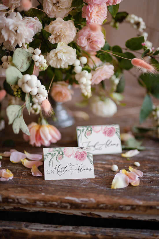 Winietki botaniczne podróżnicze  winietki ślubne wizytówki na stół weselny, rustykalne 103/rose/w2