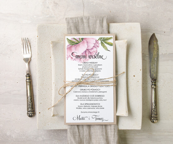 Menu botaniczne podróżnicze  menu weselne na stół karta dań weselnych, vintage wasz tekst 26/kolb/m