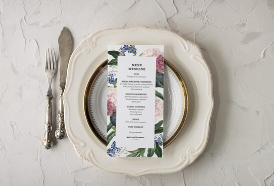 Menu botaniczne podróżnicze  ślubne menu karta potraw weselnych, eleganckie na klasyczne wesele 07/Vbot/m