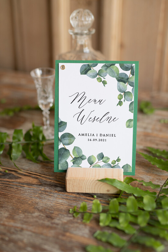 Menu botaniczne podróżnicze  menu weselne karta dań weselnych vintage wasz tekst eukaliptus 02/botn/m