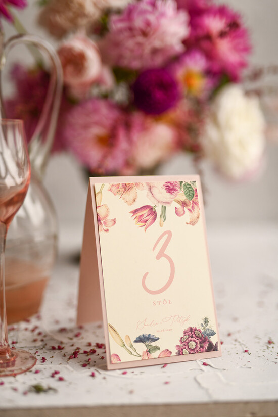 Numery na stół botaniczne podróżnicze  tabliczka z numerem stołu weselnego, boho kwiaty kolorowe piekne 1/blushws/nrS